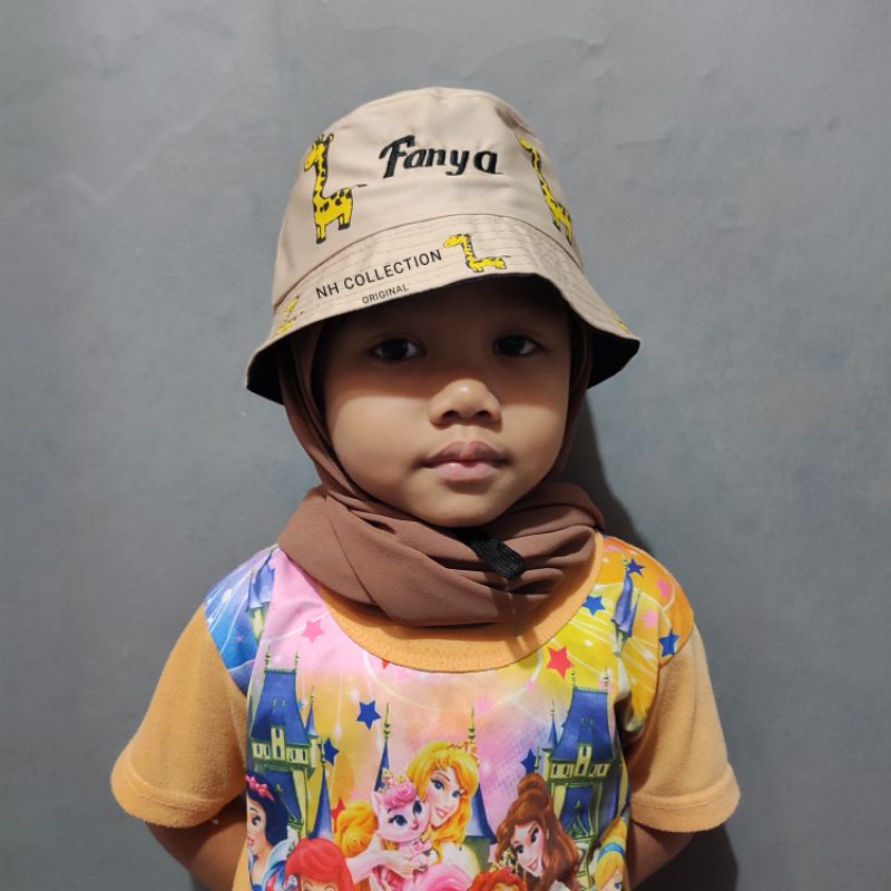 Bucket Hat Anak Ada Tali Unisex/Topi buket Motif Jerapah ORIGINAL Custom Bordir Nama