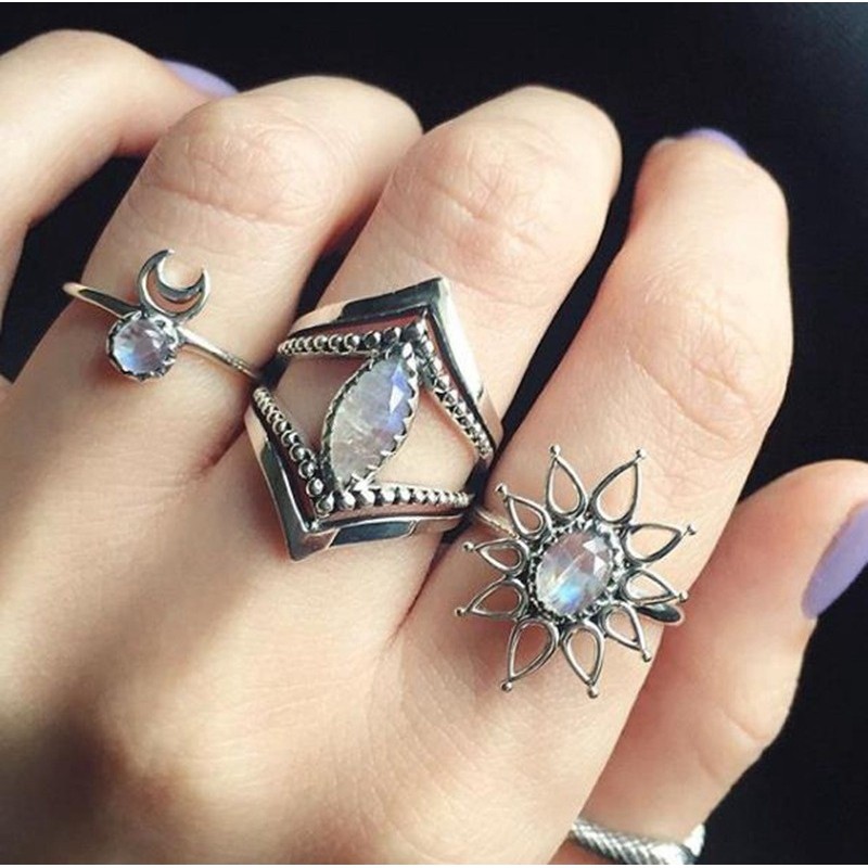 SeuSuk 3pcs/set Fashion Oval Fire Opal Diamond Tribal Engagement Ring Jewelry