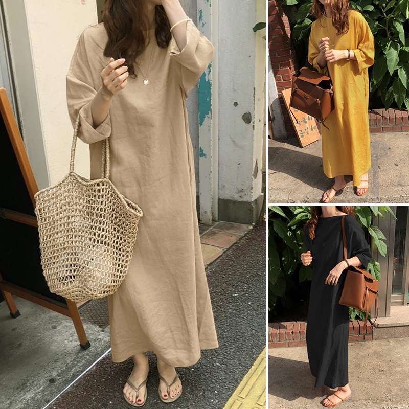 ZANZEA Women Fashion Casual Solid Color Crew Neck Long Sleeve Retro Maxi Dress