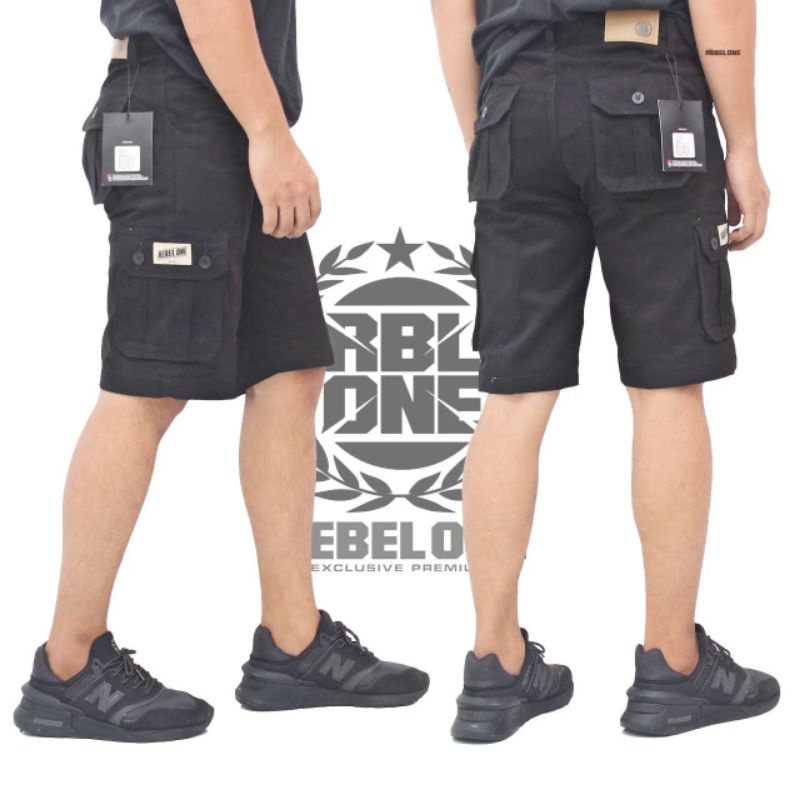 Rebel One Celana Cargo Pendek Pria Distro Premium Original Rebel One Hitam