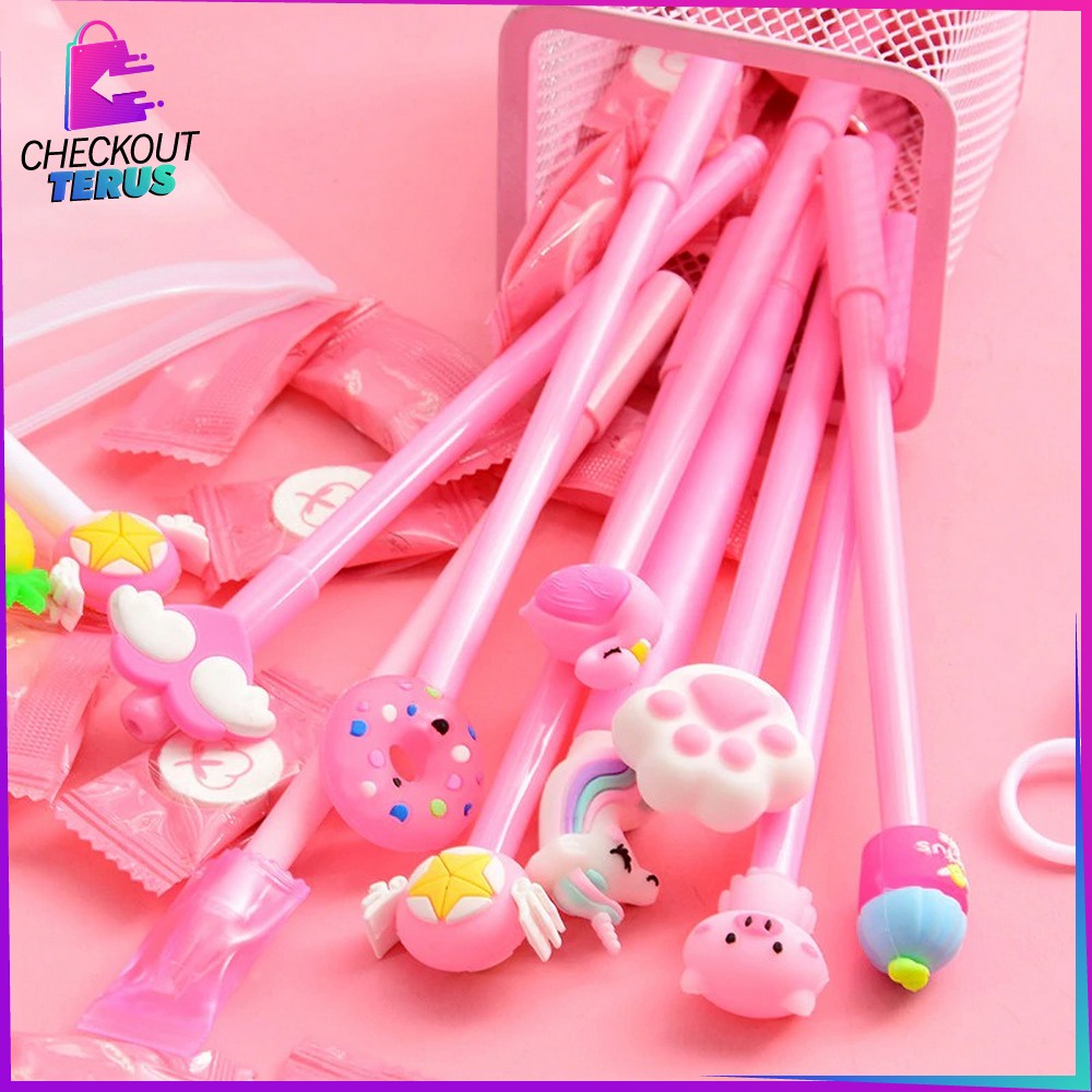 CT A15 Pulpen Gel Karakter Lucu Set Isi 20PCS Pulpen dengan Tempat Pensil Transparan Alat Tulis Stastionary Pena FREE Zipper Pouch