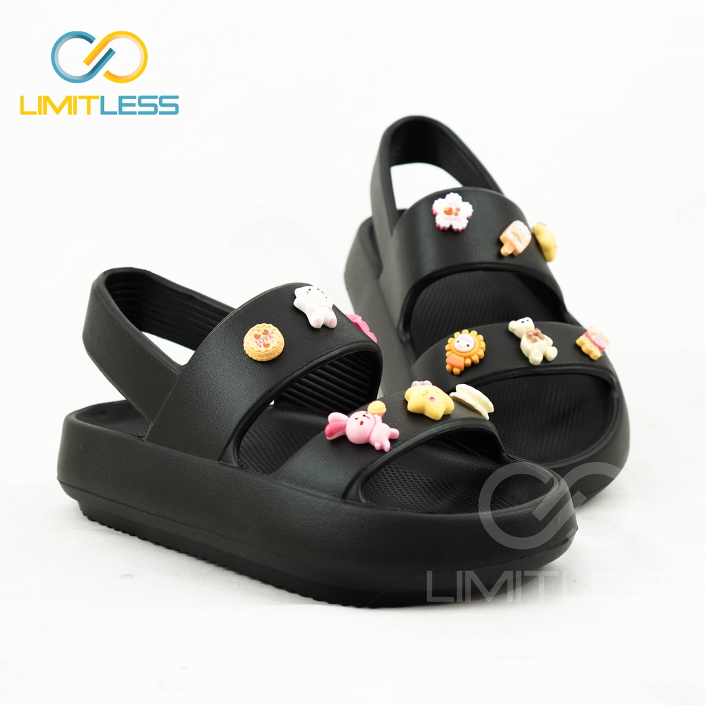 Sandal Wanita Tali Belakang EVA Empuk Sendal Gunung Wanita Korea Lalisa Limitless Stiker Jibbitz Lucu Sendal Tali Cewek Wedges