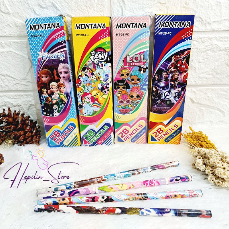

Pensil Montana 12 Pcs Karakter / Pensil 2B Fancy Tayo / Pensil 2B My Little Pony, Frozen, LOL, Avengers / Pencil Montana