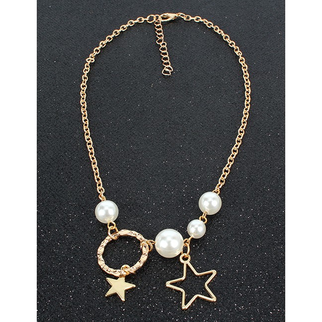 LRC Kalung Fashion Gold Imitation Pearl Pentagram Hollow Necklace F71759