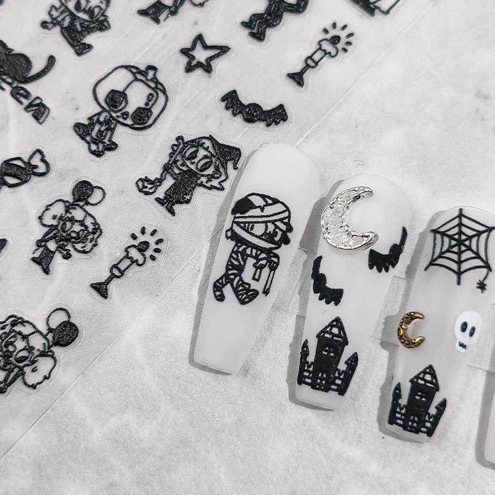 NEEDWAY Halloween Stiker Kuku Wanita Perekat Diri Zombie Hantu Spider Skeleton Nail Art Dekorasi