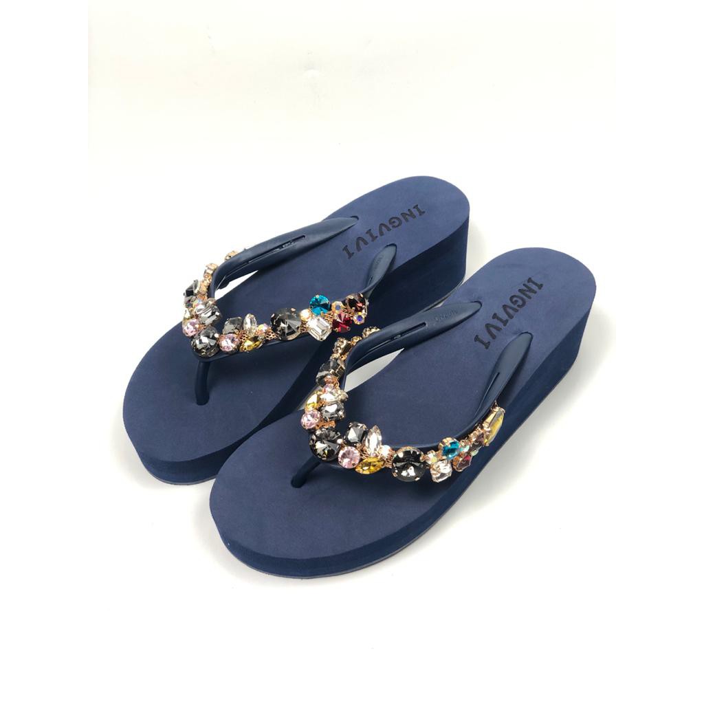 Ingvivi Swarovski wedges bulat 5cm 779 Sandal Wanita Wedges Import Terbaru Korea Jepit Tinggi 5cm Manik Motek