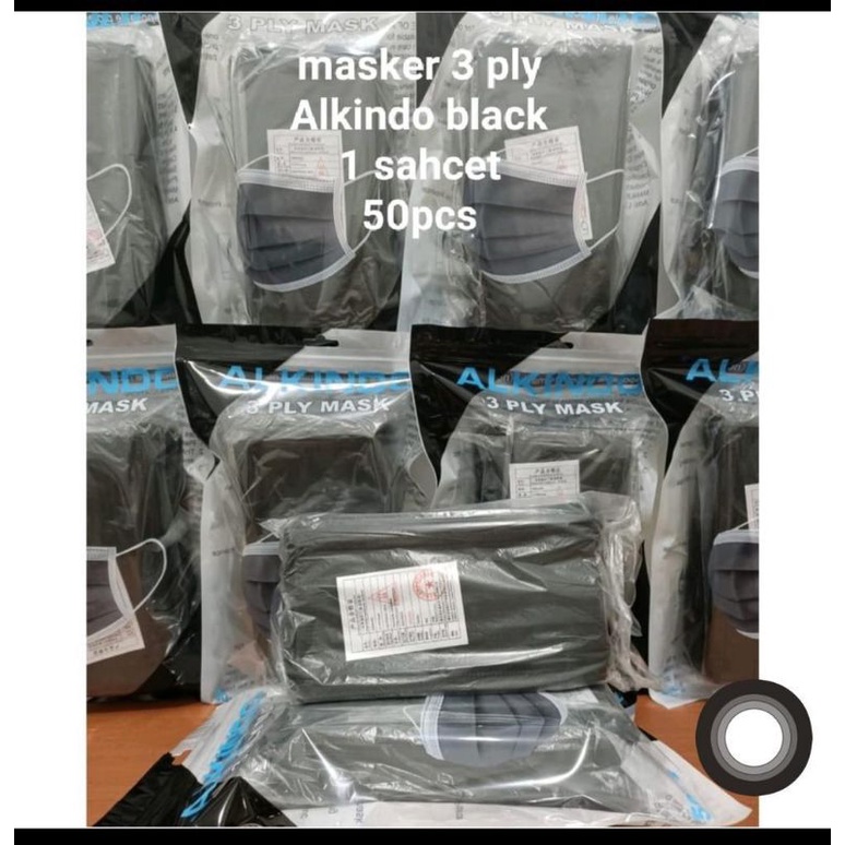 MASKER EARLOOP 3PLY  HITAM ALKINDO 50PCS