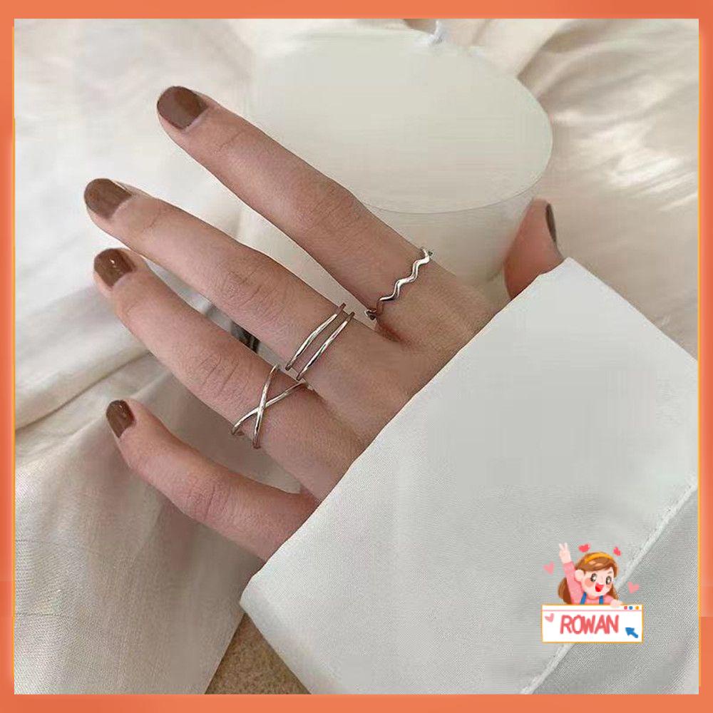 3pcs / Set Cincin Minimalis Desain Bunga Warna Silver Untuk Wanita