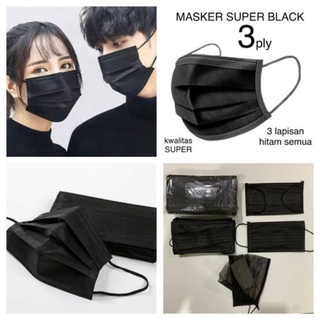 MASKER EARLOOP 3 PLY HITAM - BIRU / MASKER DEWASA 3 PLY isi 50 pcs