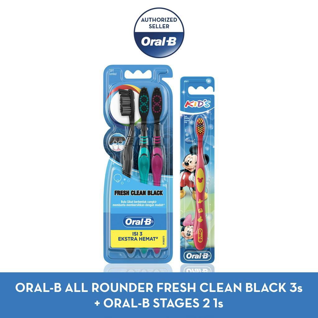 Oral B Paket Adult x Kids : All Rounder Fresh Clean Black 3s + Mickey