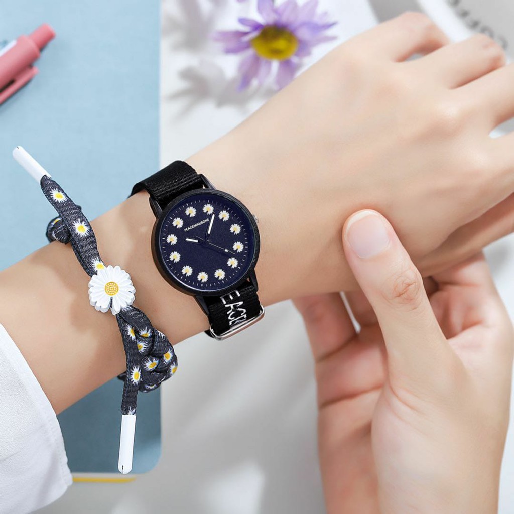 [COD] Watchyou JamTangan Wanita A0056 Gaya Korea Motif Bunga Daisy Strap Kanvas Untuk Pasangan