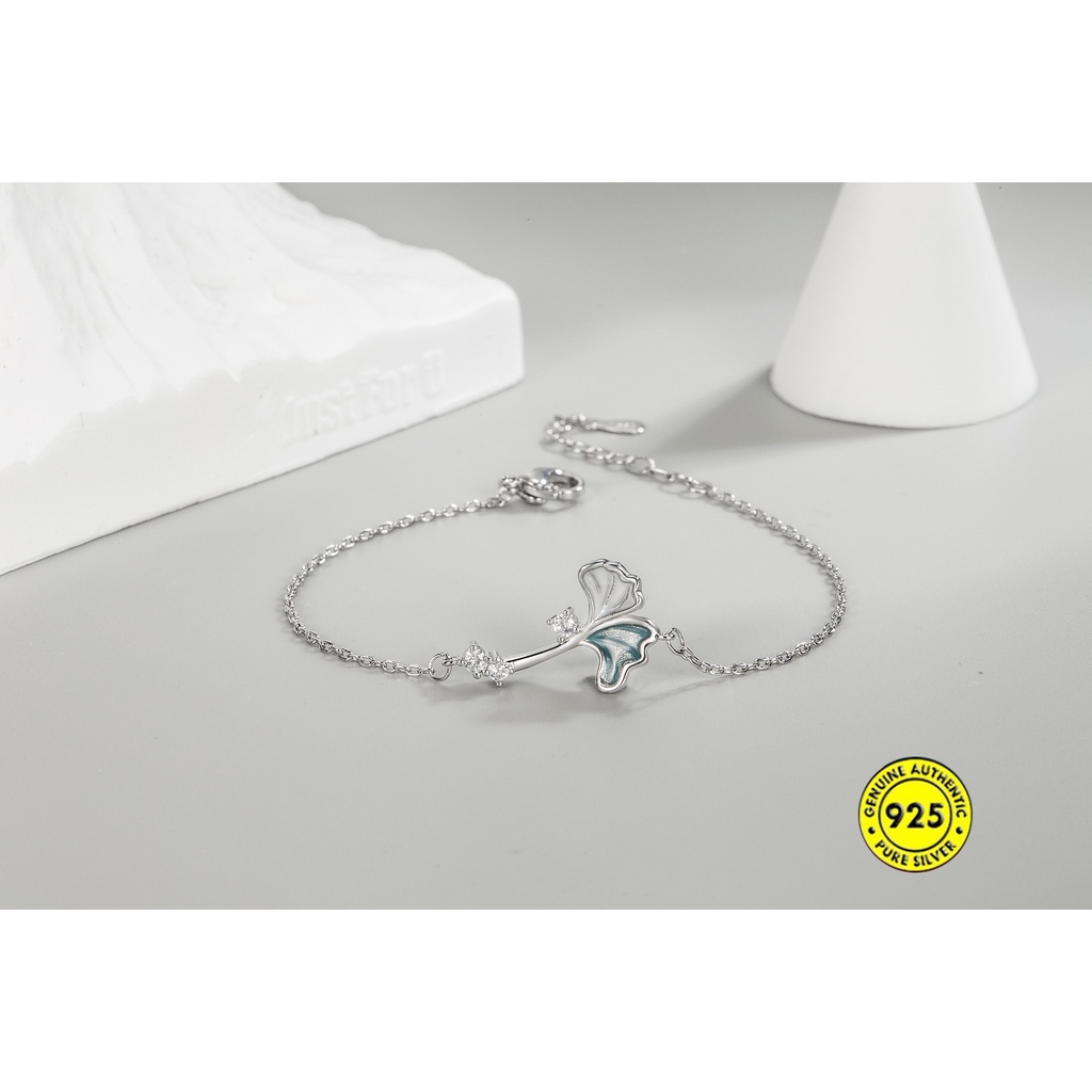 Set Gelang Rantai Klavikula Desain Daun Ginkgo Water Drop Aksen Berlian Imitasi Bahan S925 Silver Untuk Wanita