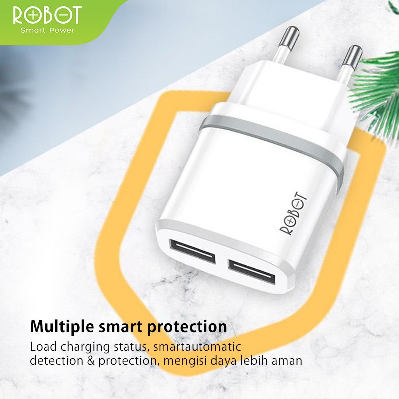 Robot RT-K9 Adaptor Charger 12W Dual USB Output 2.1A + Micro USB Data Cable