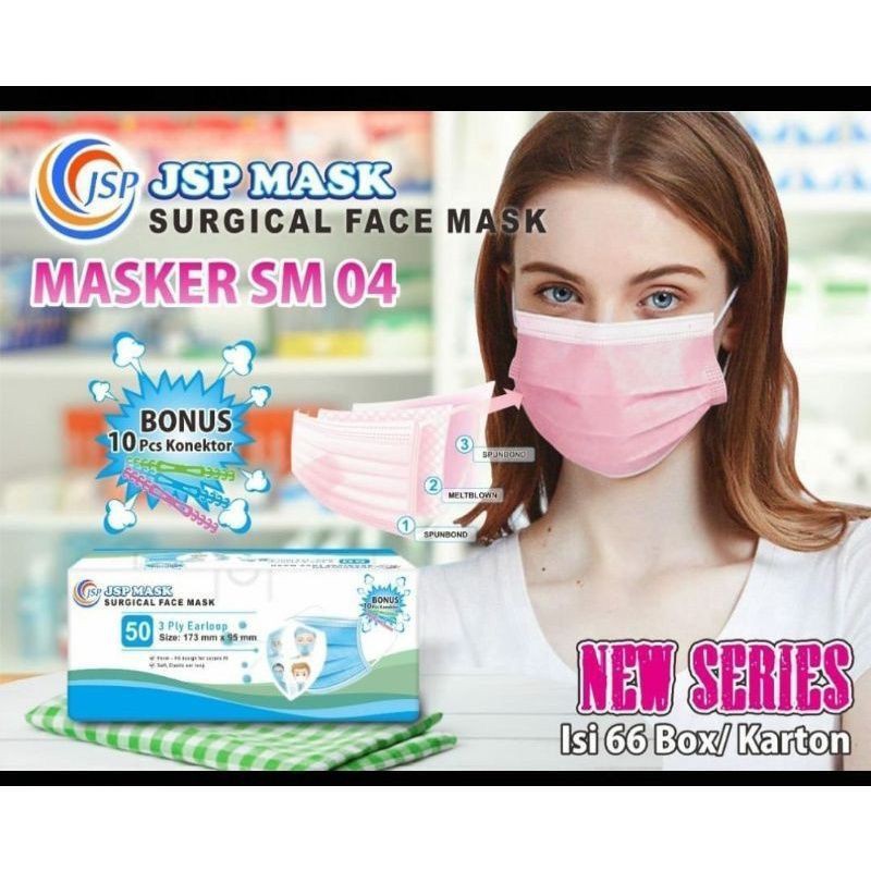 MASKER 3PLY JSP SM 04 EARLOOP (free konector) MEDIS KEMENKES SURGICAL MEDICAL ORIGINAL BOX 50