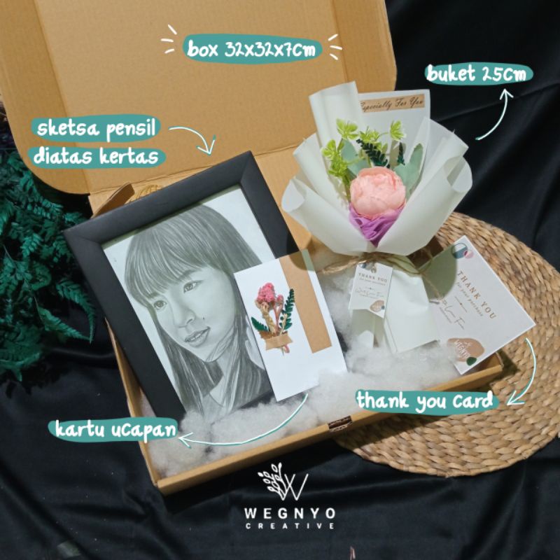 

gift box sketsa pensil full dan buket