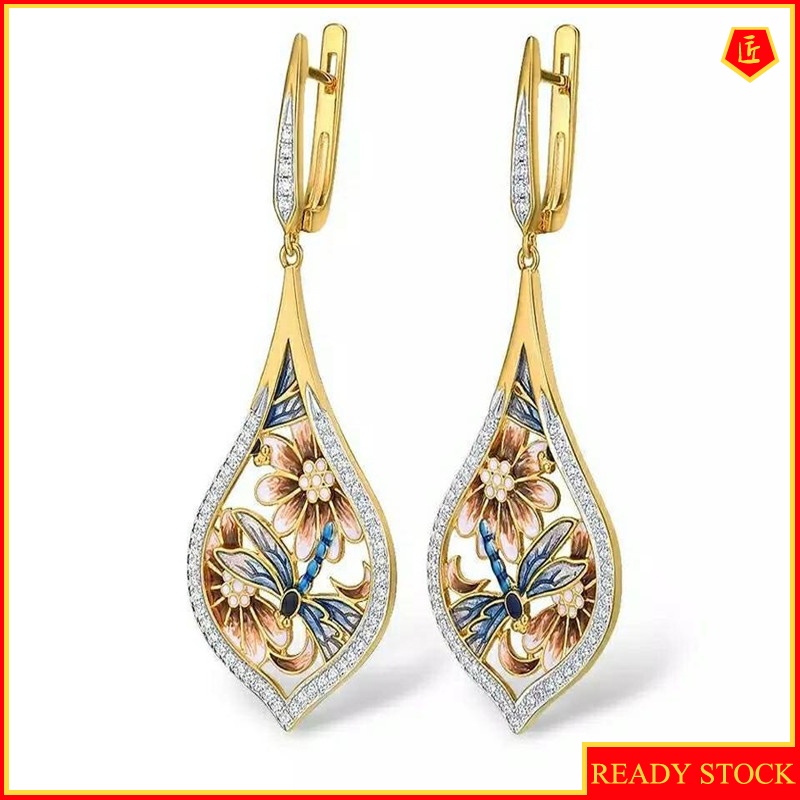 [Ready Stock]Retro Exquisite Cloisonne Painted Earrings 14K Gold