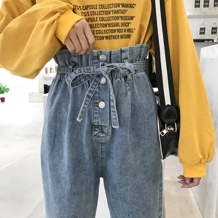 yikoo-Celana panjang model high waist bahan jeans untuk wanita