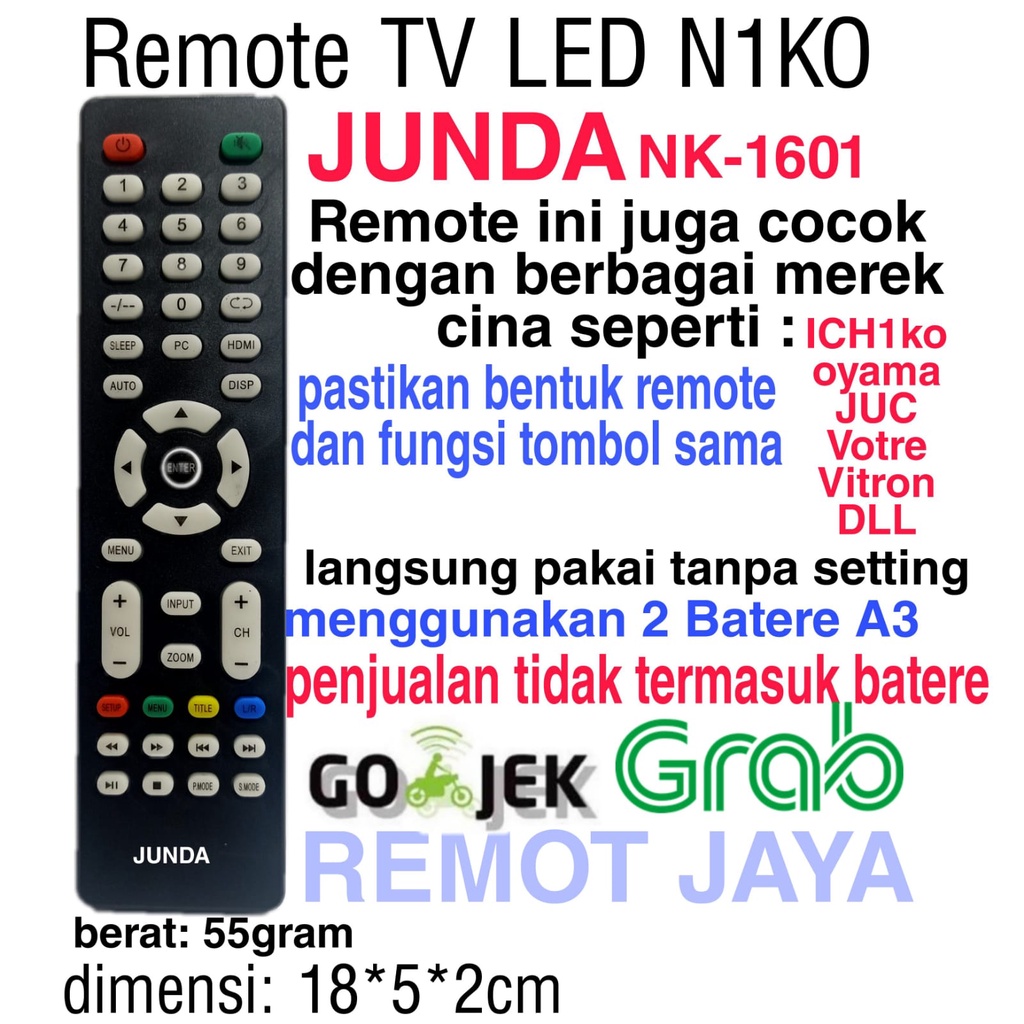 REMOTE LED TV CINA REMOTE TV LED NIKO JUNDA NK-1601 SEPERTI ORIGINAL