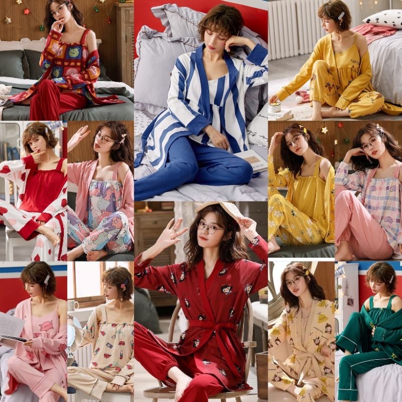 QC - SET BAJU TIDUR / PIYAMA KIMONO 3IN1 VIRAL