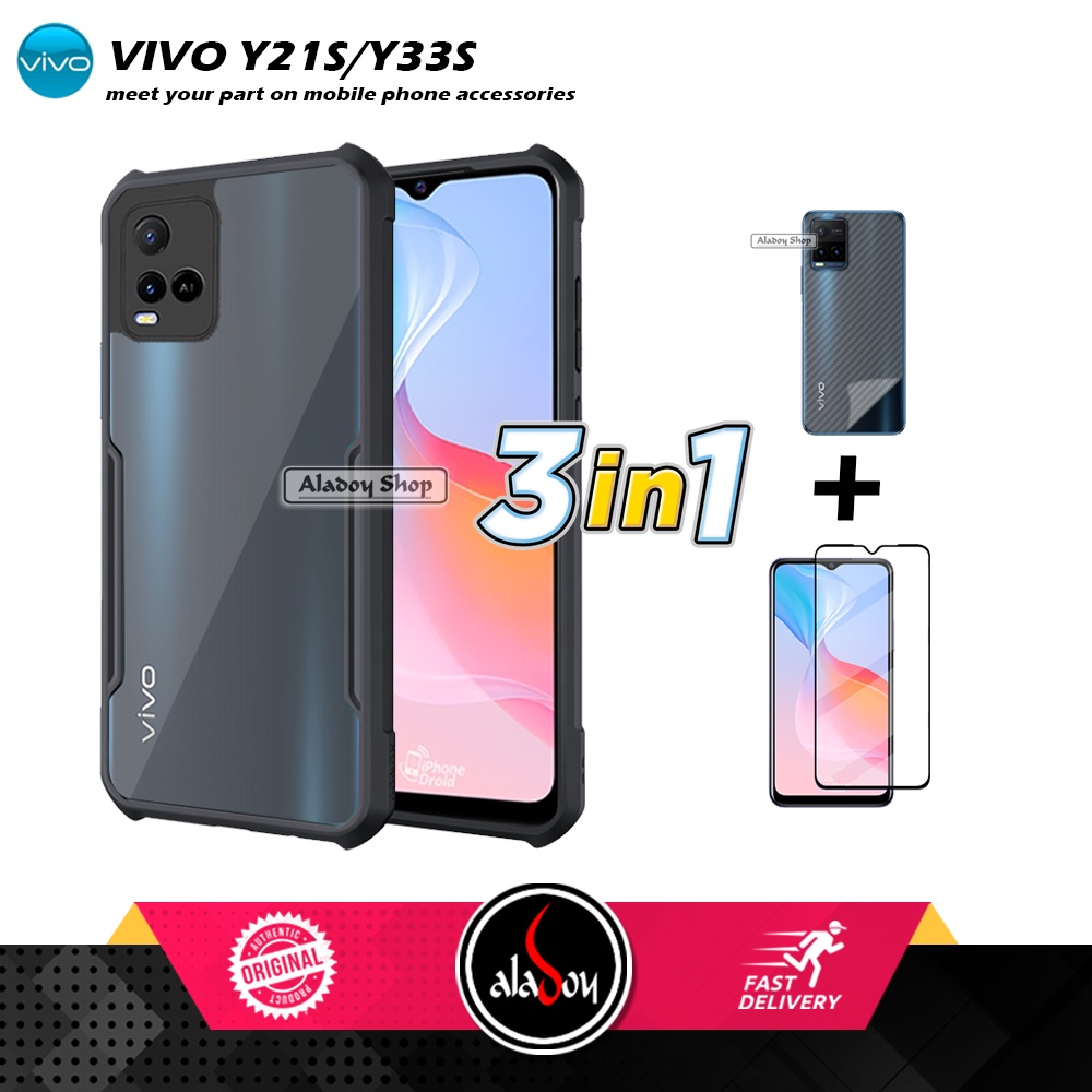 Case VIVO Y21S Armor Fushion Transparent Casing + Tempered Glass Full Layar dan Skin Carbon