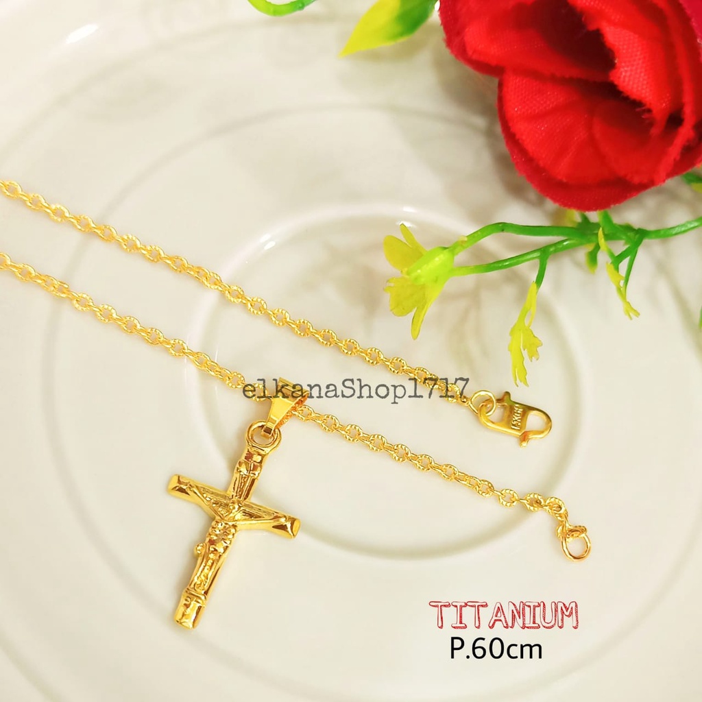 PERHIASAN TITANIUM KALUNG SALIB POLOS UKIR LAPIS EMAS24K ANTI KARAT DAN ANTI LUNTUR