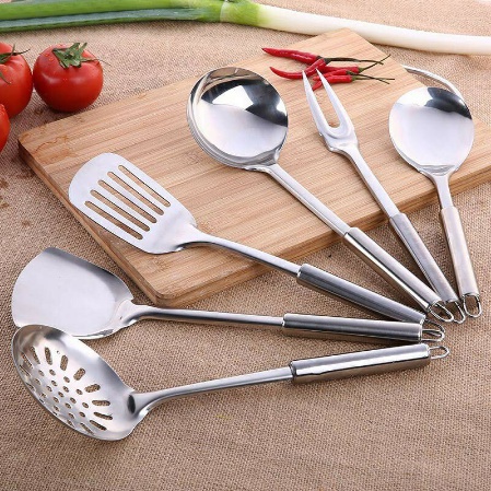 Spatula Set Stainless Steel termasuk gantungan sutil / Sutil Masak Anti Karat Centong Kuah Sop Peniris Sayur Gorengan sodet