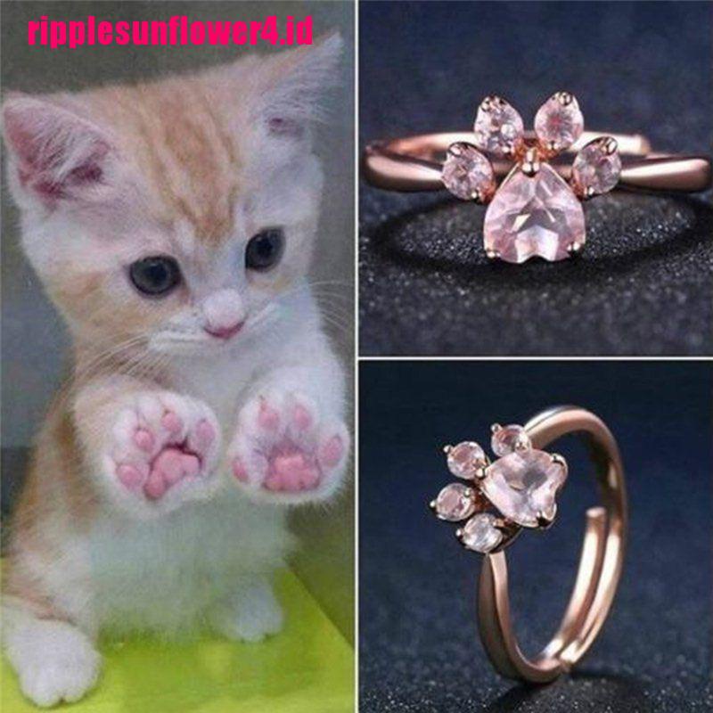 Cincin Terbuka Adjustable Model Telapak Kaki Kucing Warna Rose Gold Dengan Batu Zircon Untuk Wanita