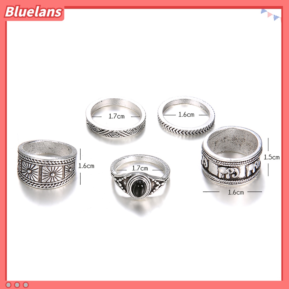 Bluelans 5Pcs Carving Elephant Round Stone Stacking Women Retro Knuckle Ring Jewelry