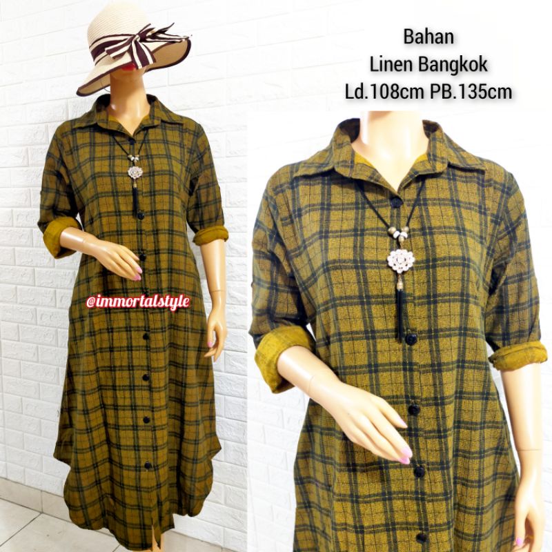 LOMG TUNIK SEMI GAMIS KATUN LINEN MOTIF KOTAK PAKAIAN FASHION CEWEK TERBARU PAKAIAN WANITA KOTAK