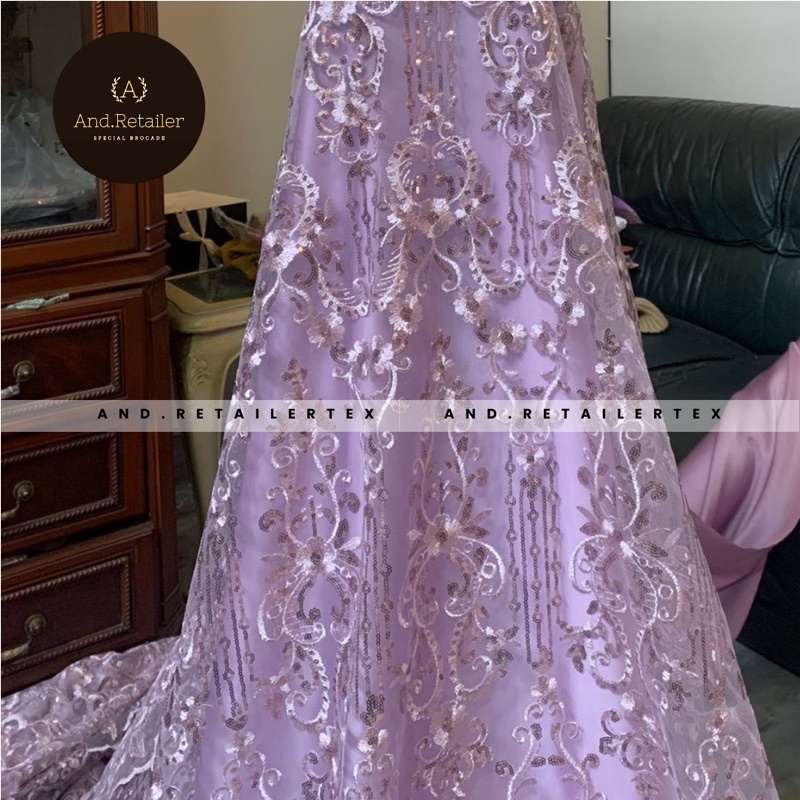 Bahan Kebaya Mewah Kain Brokat Tile Payet Elizabeth Warna Lilac