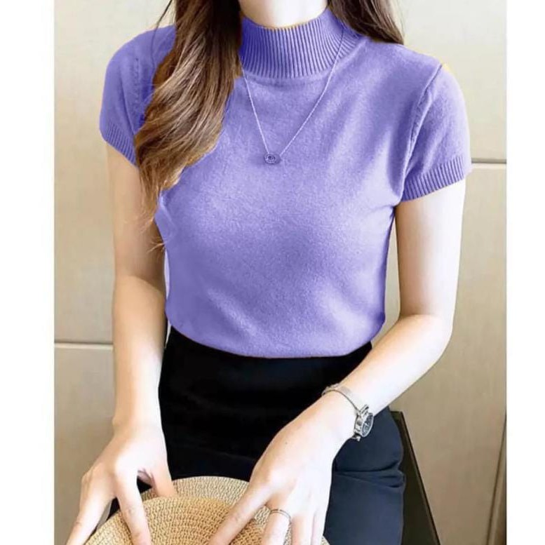 worldshop - Atasan Rajut Wanita Turtleneck - Kerah Tinggi Lengan Pendek - Knit Premium-Lilac
