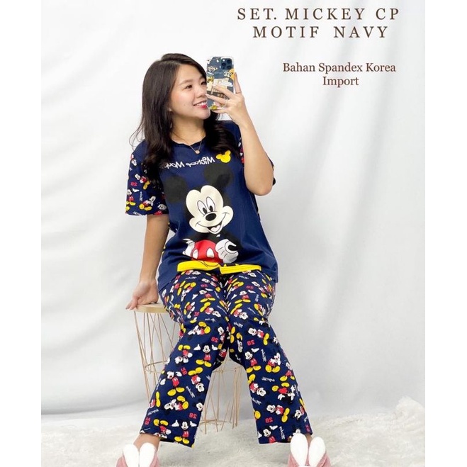 MDLV ~ Baju Tidur Set Mickey CP Motif Navy Baju Tidur Dewasa Set Piyama Dewasa Fashion import