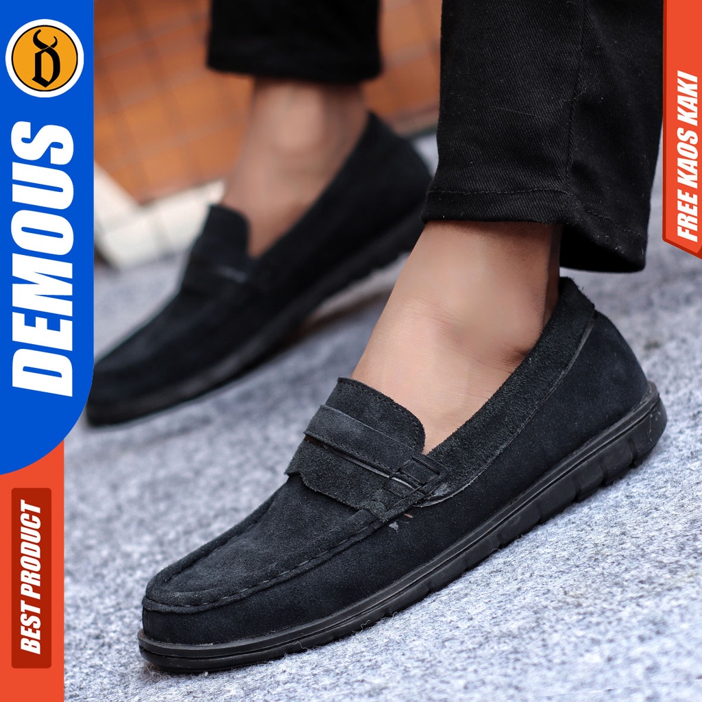 Sepatu Sneakers Pria Sepatu Casual Pria Kulit Suede Sepatu Kerja Kuliah Kondangan Sepatu Hitam Pria DEMOUS JAX