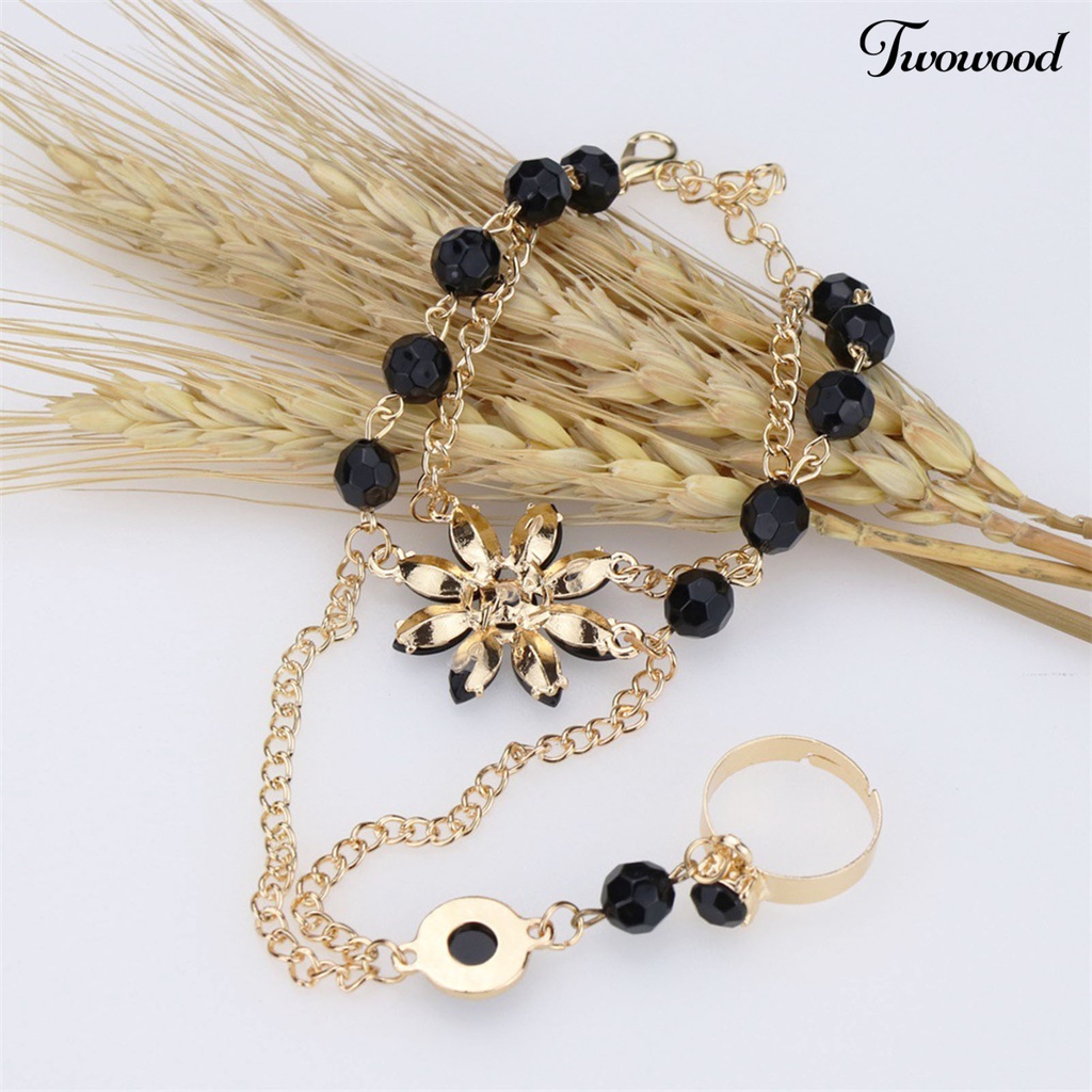 Twowood Flower Shape Luxury Hand Harness Bracelet Women Adjustable Finger Ring Bracelet Fashion Jewelry