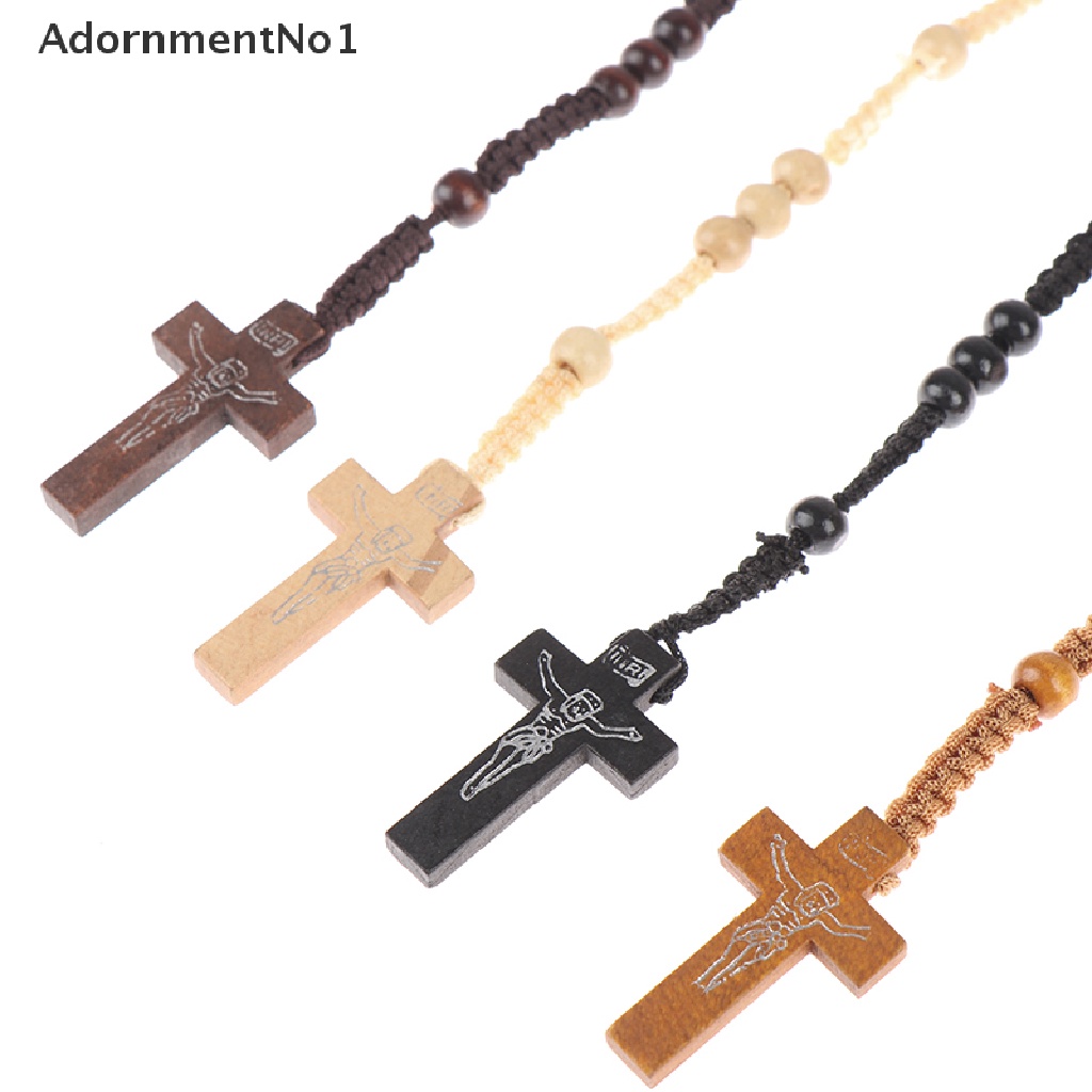 (AdornmentNo1) 1pc Kalung Rosario Katolik Manik Kayu Liontin Salib Yesus