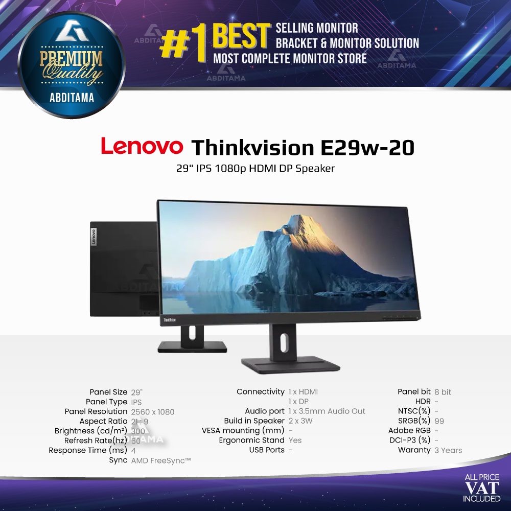 Monitor Lenovo Thinkvision E29w-20 29&quot; IPS 1080p HDMI DP Speaker