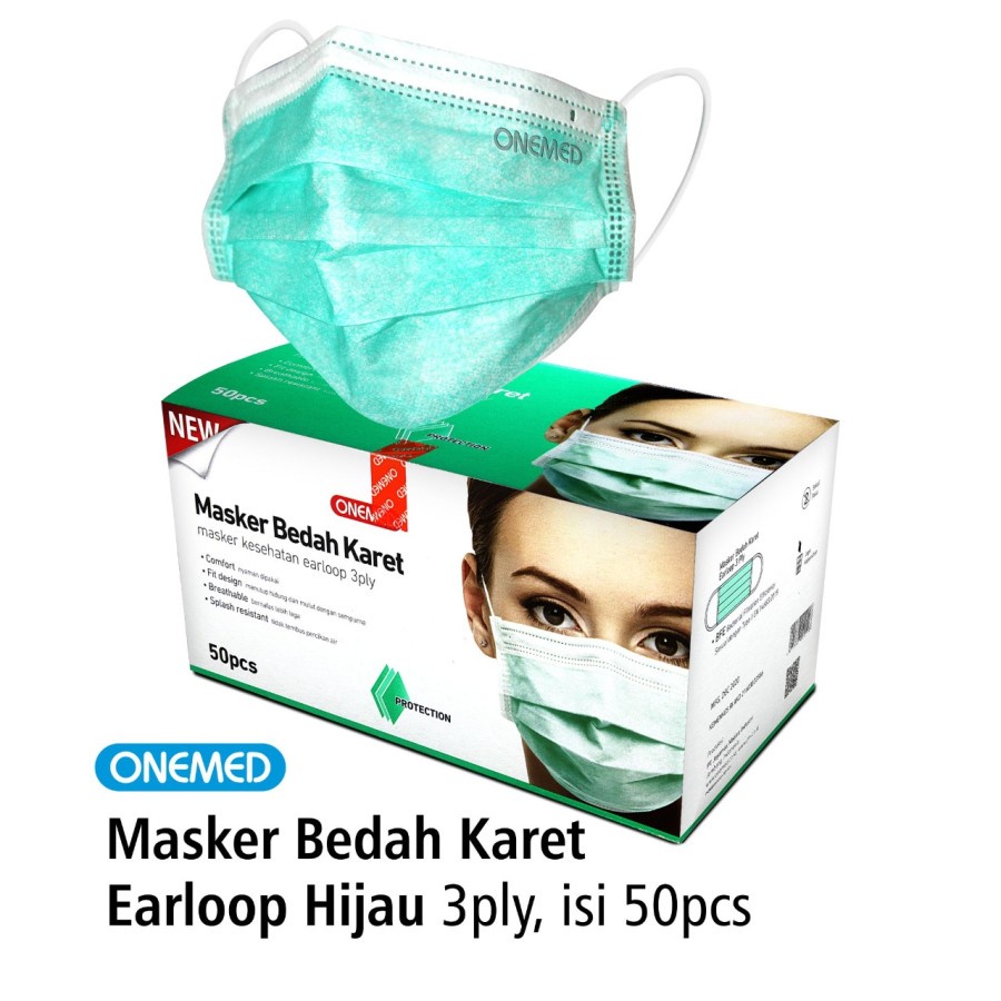 Masker Medis Karet Hijau 3 ply OneMed box 50pcs / Surgical Mask BFE PFE VFE 99 % One Med Acura - TBT