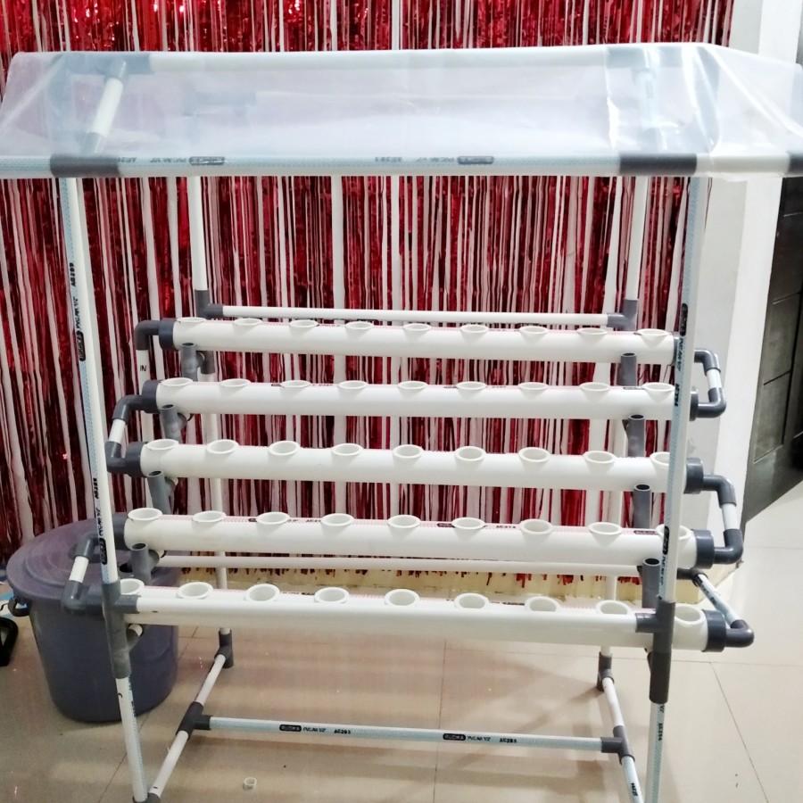 Modul Hidroponik Pipa 2in / 2" 45 Lubang Atap UV DFT/NFT 1 Meter 5 Baris + Ember