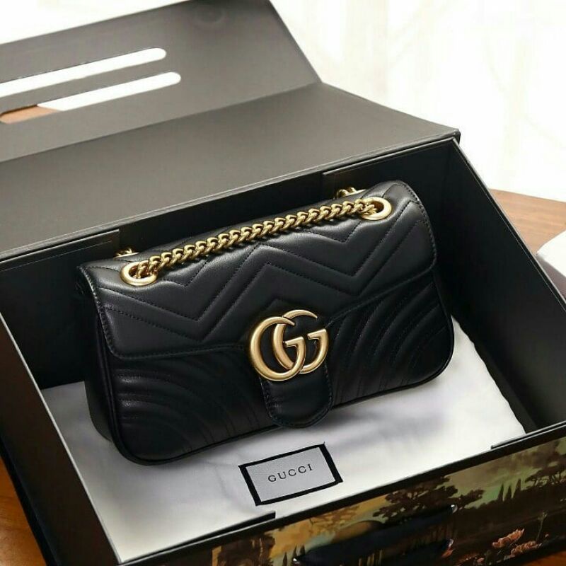 Gucci GG Marmont small Matelassé Leather shoulder Bag in Black T443497# (Pls baca deskripsi lengkap)