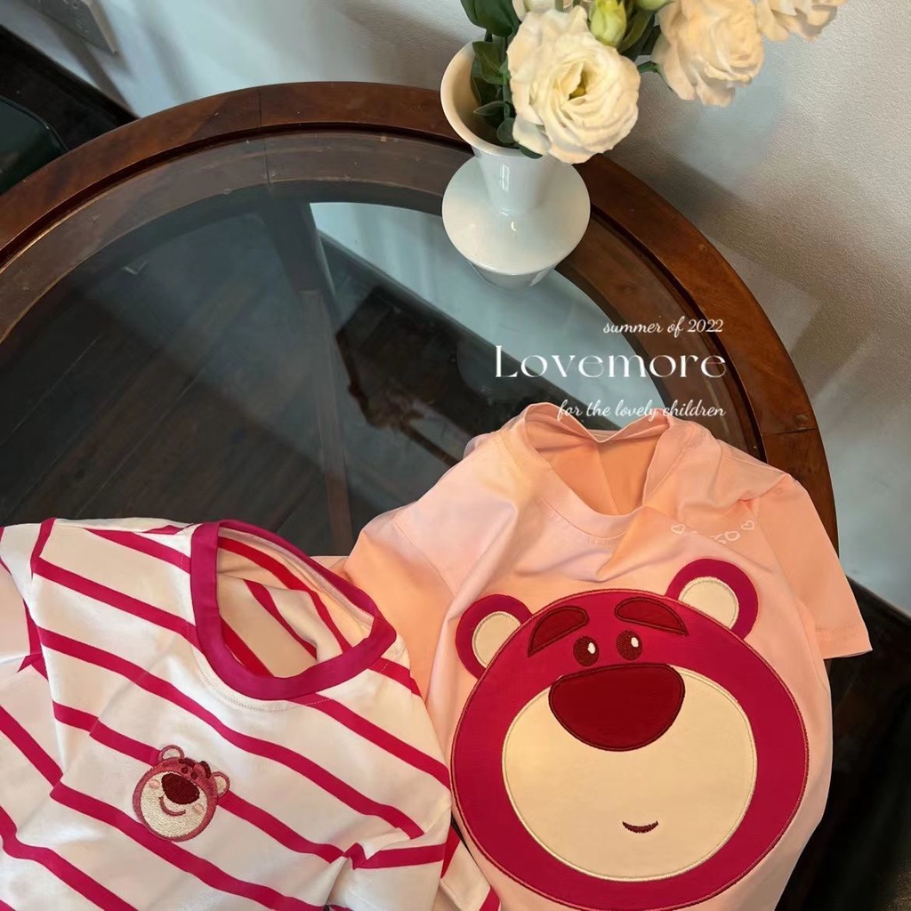 [PRINCESS KESLI] 1-9 Tahun Kaos Lotso Anak Perempuan Salur Bear Bordir T-shirt Kartun Kasual Leher Bulat