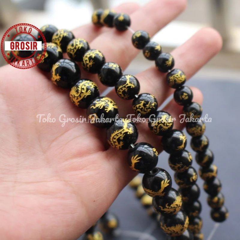 Bahan Gelang Batu Tibet Motif Naga Emas Premium Quality 8 mm 10 mm