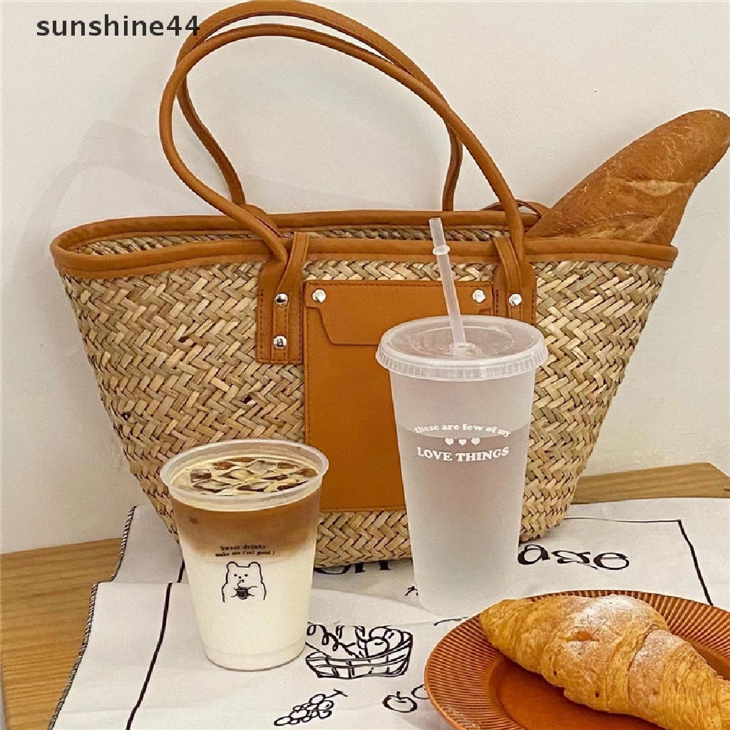 Sunshine Botol Air Minum / Kopi Bahan Plastik Dengan Tutup + Sedotan Reusable