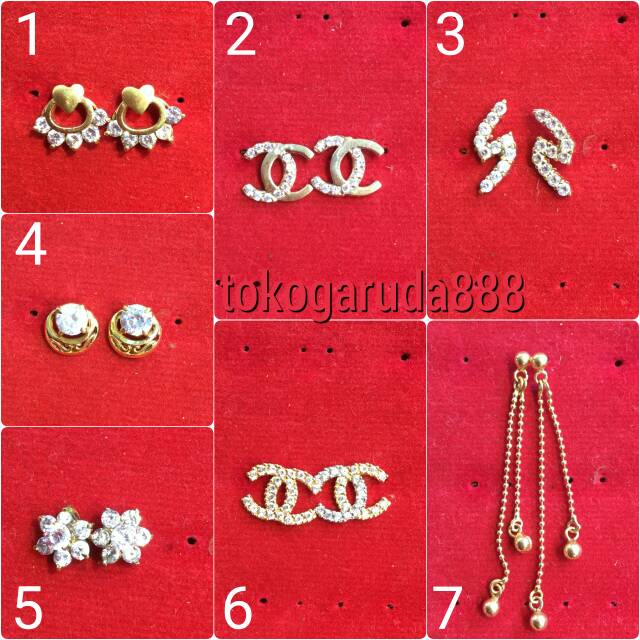 Anting duduk paku cucuk stud anak dan dewasa emas asli kadar 700 70% 22 1.4 - 1.6 g gr bunga kipas permata