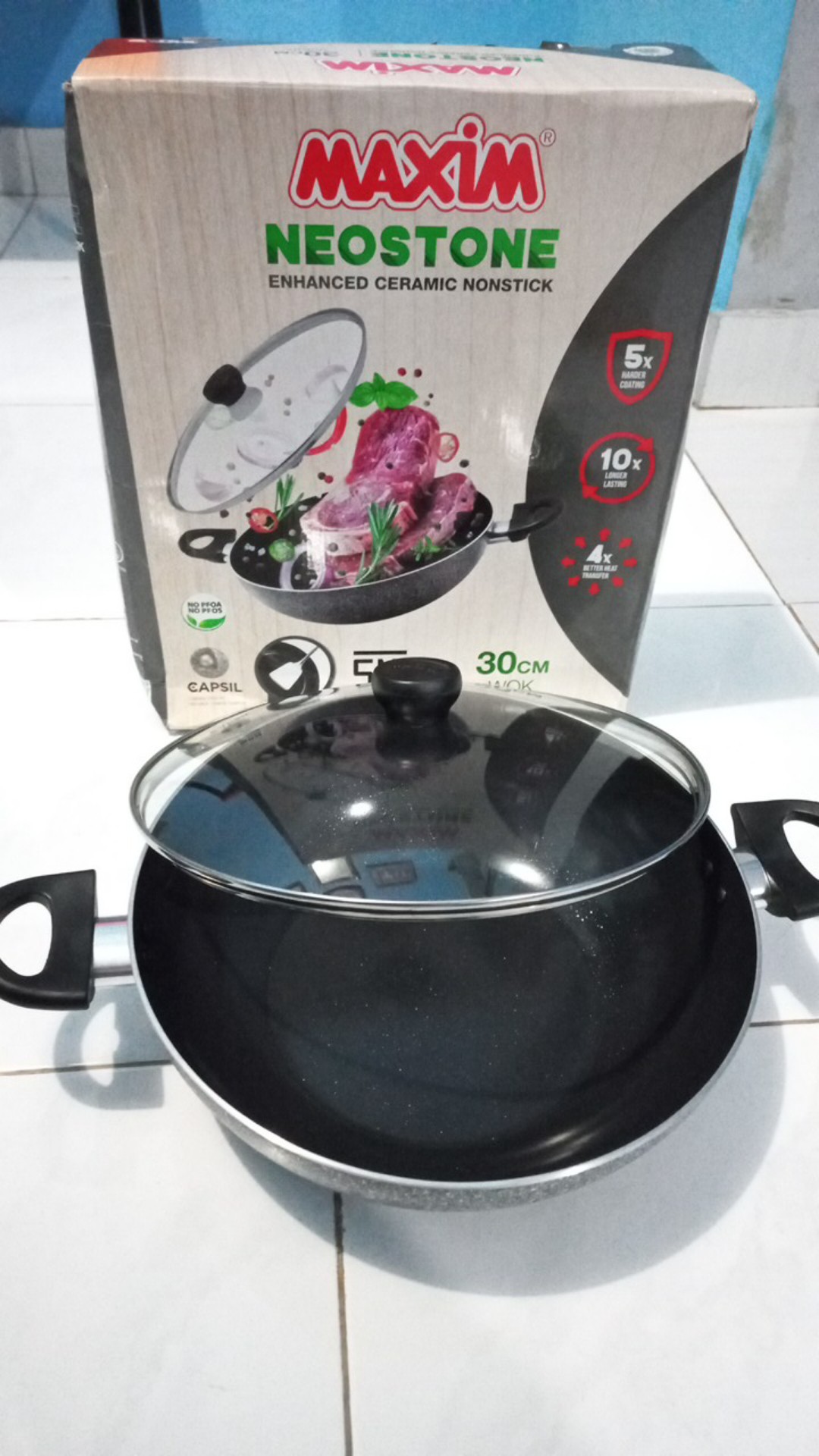 Maxim Neostone Wajan Wok 30cm  | Wajan Anti Lengket Marble Keramik + Tutup Kaca 30 Cm