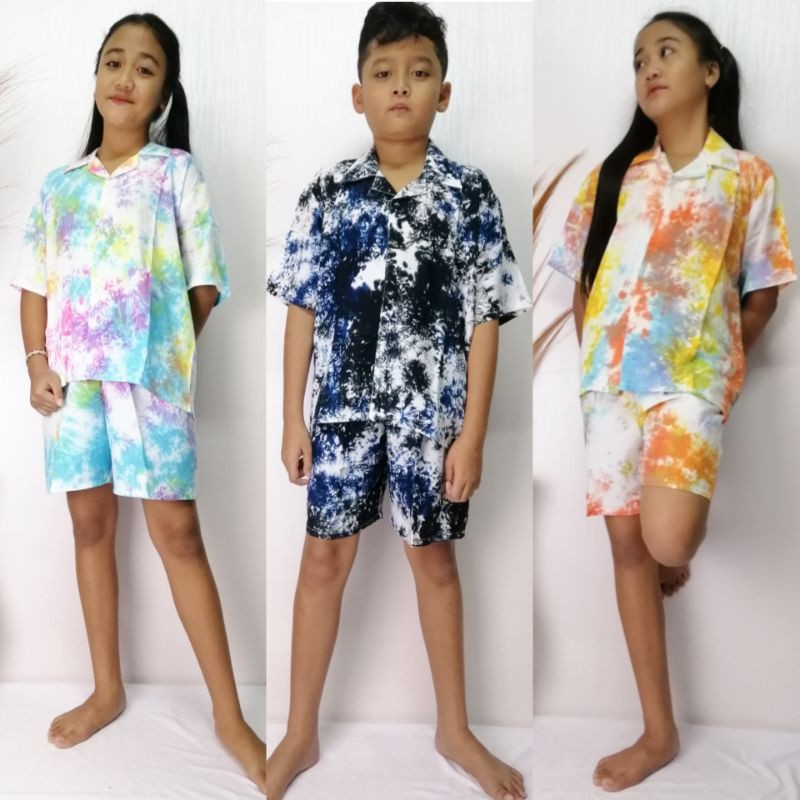 Set Pajamas Anak Tie Dye Celana Pendek Rayon Bali Anak dan Lembut(10-11 th) / SET ANAK / TIE DYE