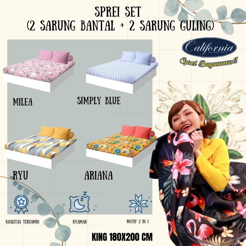 RC California Sprei Flat King Size 180x200 cm Motif Minimalis Bunga Terbaru Lynn Marino Glen Milea Polka Harga Terjangkau