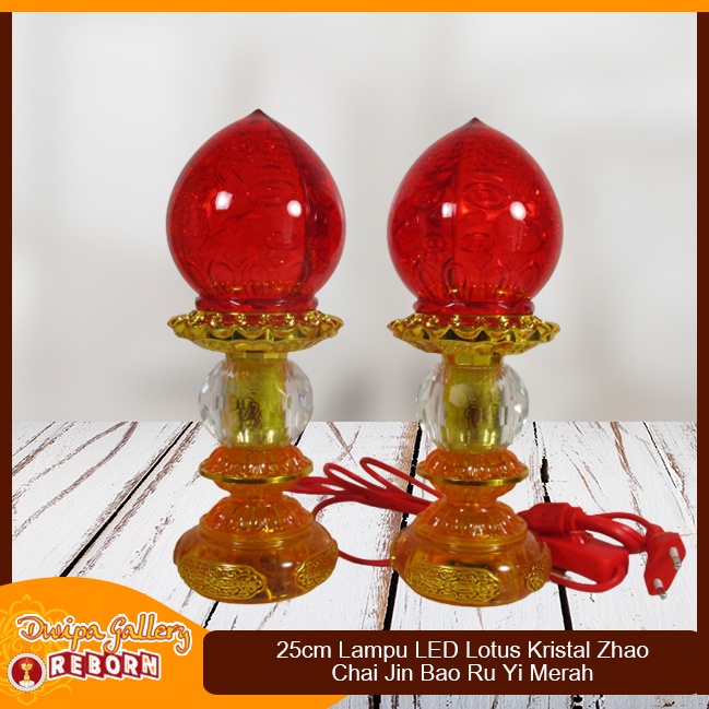 Lampu Sembahyang Altar  25 cm Merah LED Lotus Kristal Zhao Chai