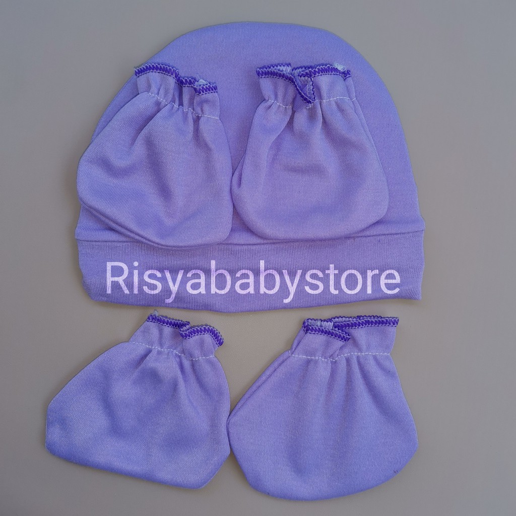 Topi set sarung tangan kaki bayi warna polos new born | Risyababy collection