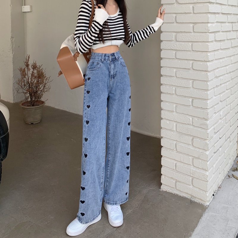 korea style Boyfriend Jeans highwaist loose celana kaki lebar lurus heart embroidery jeans wanita celana jeans