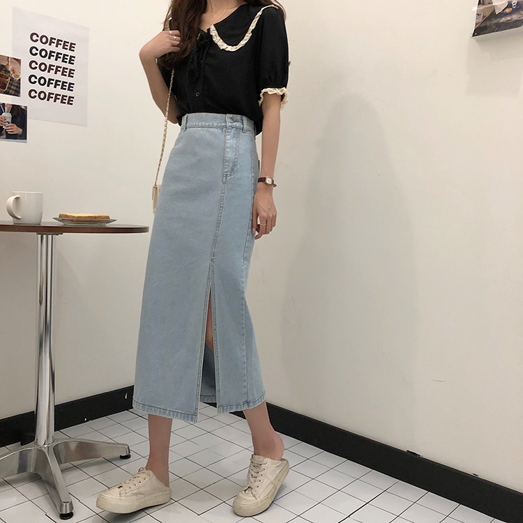 Korean Style Slit Rok Denim Panjang Wanita A-line Skirt Midi High Waist